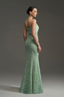 Green floral mesh lace and chiffon strapless mermaid gown by I.H.F Studio, featuring intricate floral details and elegant fit.