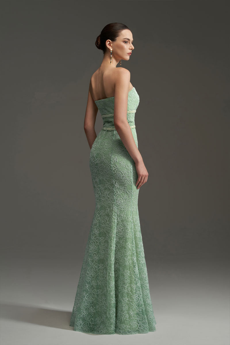 Green floral mesh lace and chiffon strapless mermaid gown by I.H.F Studio, featuring intricate floral details and elegant fit.