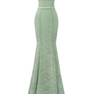 Green floral mesh lace and chiffon gown by I.H.F Studio featuring a strapless, mermaid silhouette with intricate details.