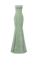 Green floral mesh lace and chiffon gown by I.H.F Studio featuring a strapless, mermaid silhouette with intricate details.