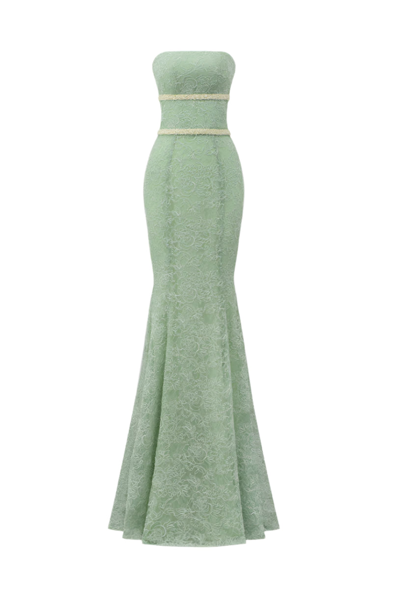 Green floral mesh lace and chiffon gown by I.H.F Studio featuring a strapless, mermaid silhouette with intricate details.