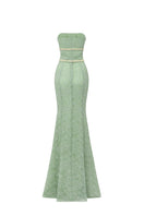 Green floral mesh lace and chiffon gown by I.H.F Studio featuring a strapless mermaid silhouette.