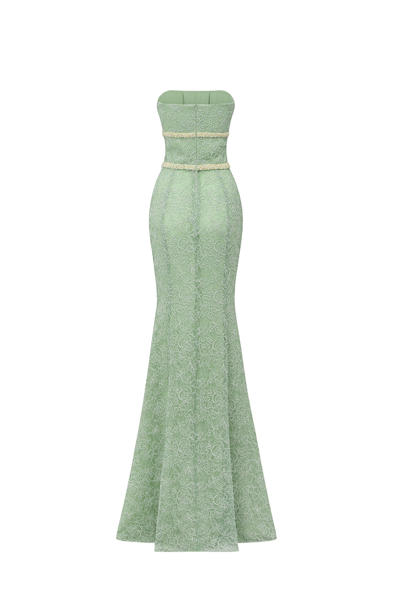 Green floral mesh lace and chiffon gown by I.H.F Studio featuring a strapless mermaid silhouette.