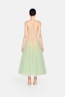 Mint ombre lace midi dress by Montsand, featuring intricate lace details and a flowing midi length, perfect for elegant occasions.