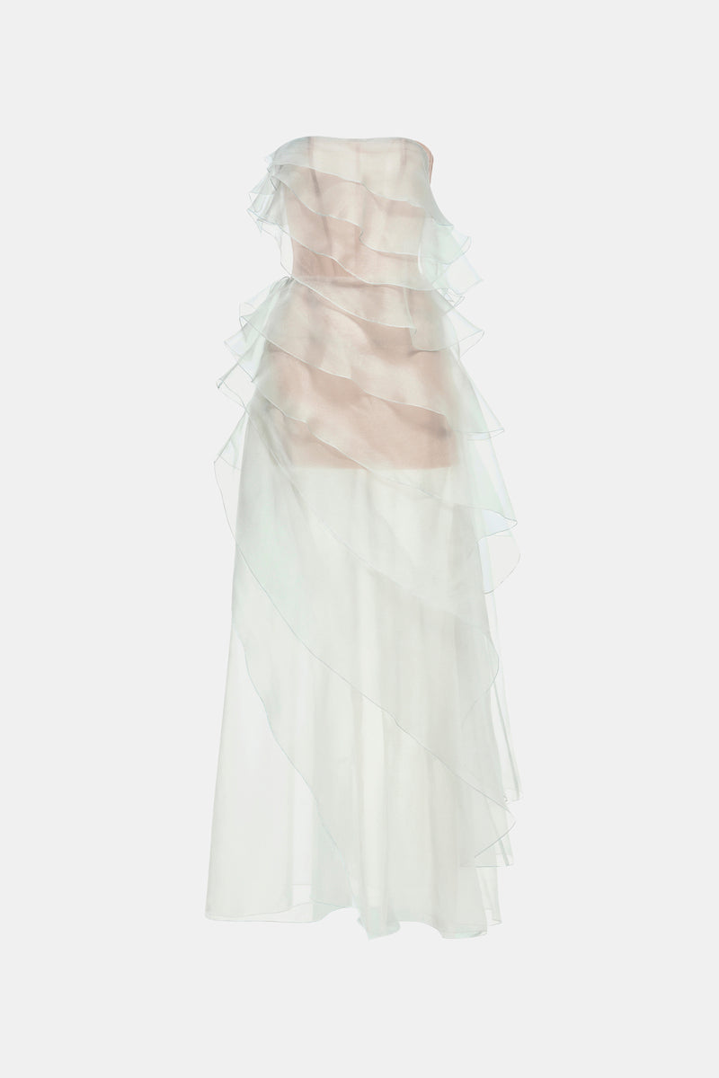 Mint Montsand tiered strapless maxi dress with flowing fabric and layered design, perfect for summer or casual occasions.