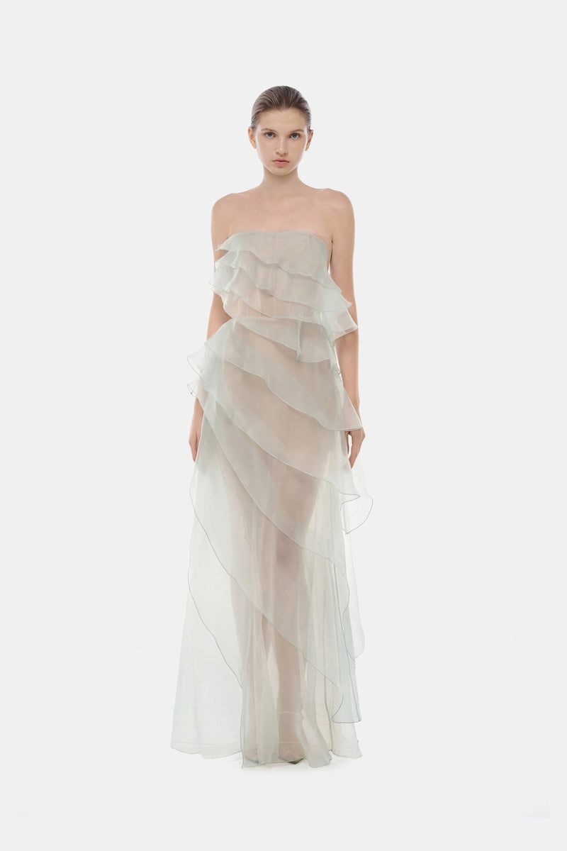MINT TIERED STRAPLESS DRESS