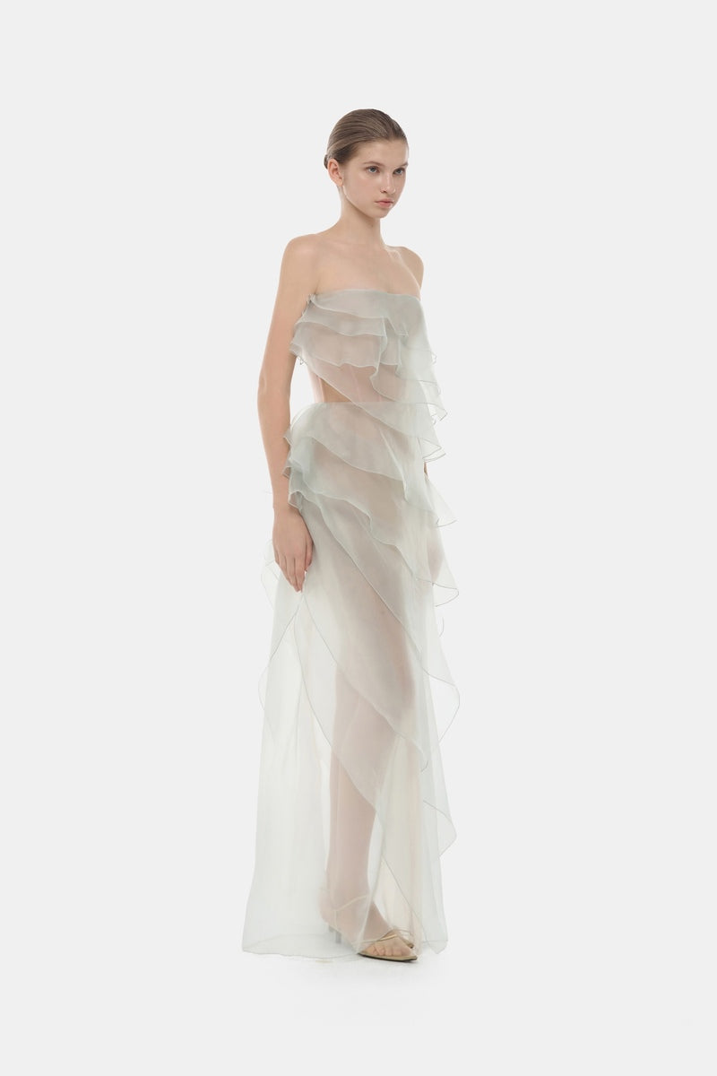 Mint Montsand tiered strapless maxi dress displayed on a hanger, featuring a flowing, layered design and vibrant mint color.