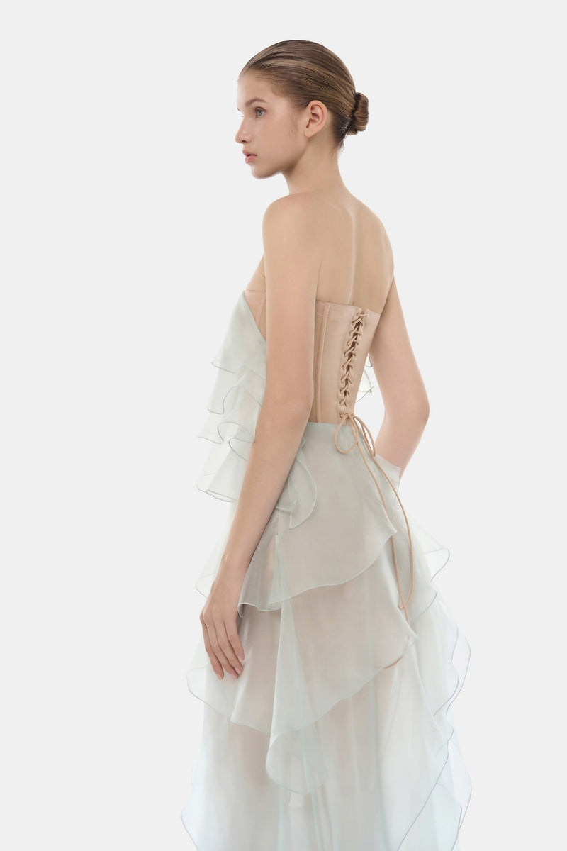 Mint tiered strapless maxi dress by Montsand, flowing fabric with a layered, elegant design perfect for summer or special occasions.