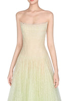 Mint draped lace gown by Montsand, elegant midi dress with intricate lace details and flowing fabric for formal occasions.