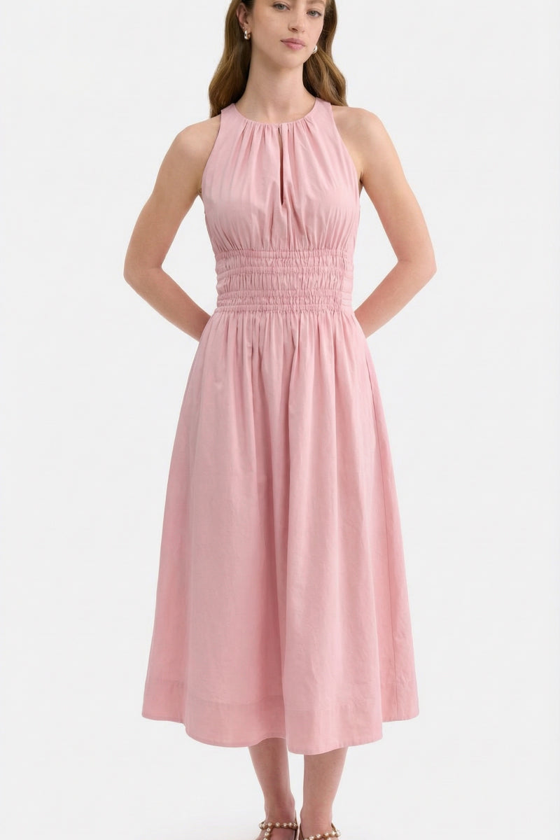 Rebecca Taylor Emelia Dress in Vintage Rose, a mint midi dress with floral pattern and elegant flowy fabric.
