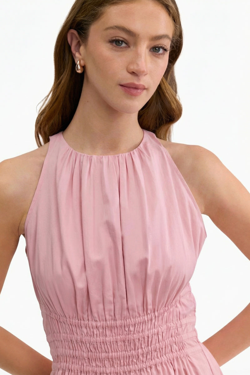 Rebecca Taylor Emelia Midi Dress in Vintage Rose with floral pattern, featuring a fitted waist and flowing skirt.