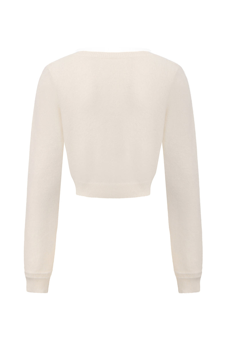 White knitted Mirabelle cardigan by Nana Jacqueline, back view showing textured fabric and relaxed fit.