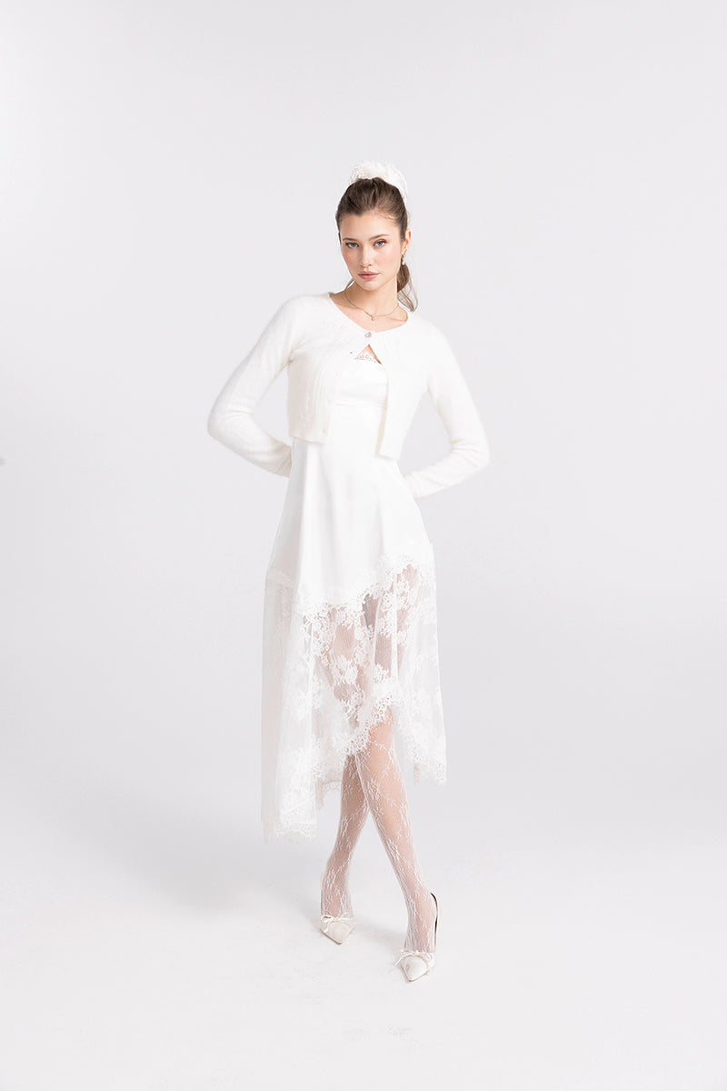 white cardigan for dress Cou Cou Intimates The in A true white cropped cardigan with 3/4 sleeves and a V Floral Cut Out Cropped Cardigan