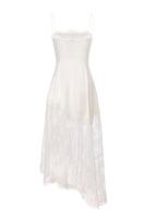 White Mirabelle satin maxi dress by Nana Jacqueline, back view of elegant midi dress with flowing fabric and delicate design.