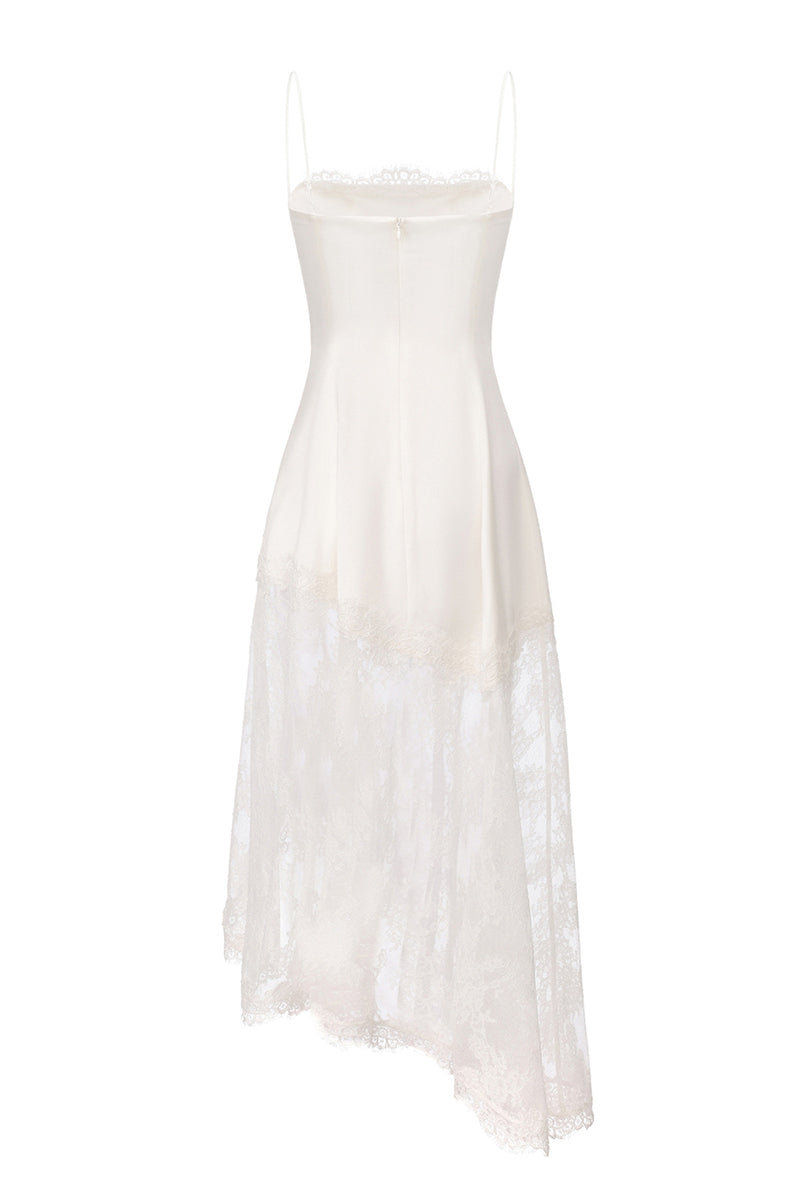 White Mirabelle satin maxi dress by Nana Jacqueline, back view of elegant midi dress with flowing fabric and delicate design.