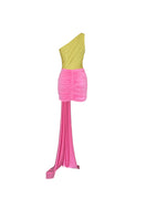Gigii's Mirage Mini Dress, stylish and vibrant, shown on a model with a fitted silhouette and playful design.