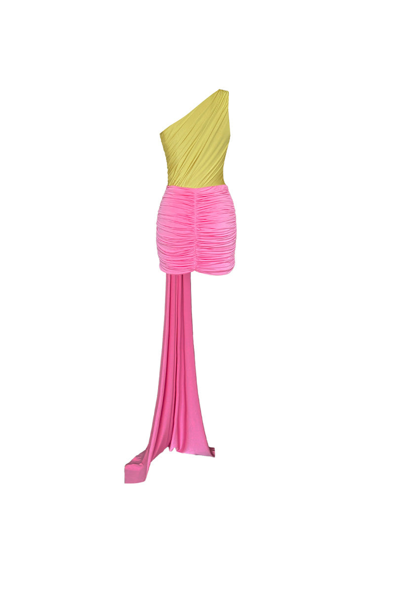 Gigii's Mirage Mini Dress, stylish and vibrant, shown on a model with a fitted silhouette and playful design.