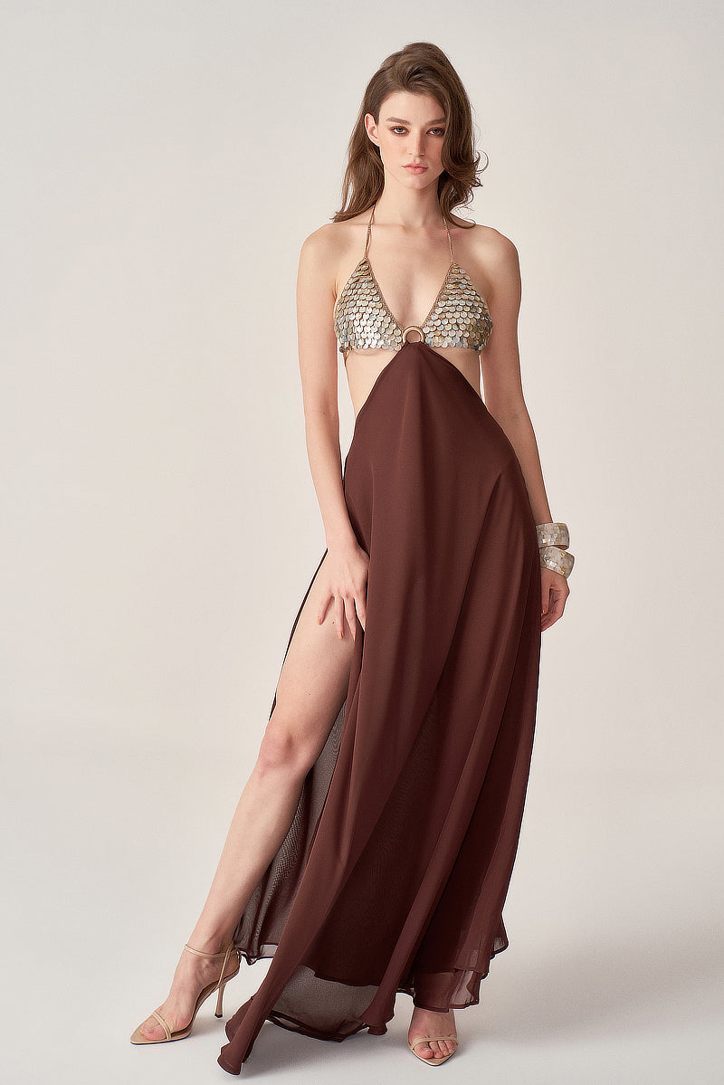 HAND-CROCHET MOTHER OF PEARL CHIFFON MAXI DRESS - CULT MIA