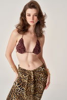 Hand-crocheted sequin flower bra top in espresso color by Mirel Prentice, featuring intricate floral design and comfortable fit.