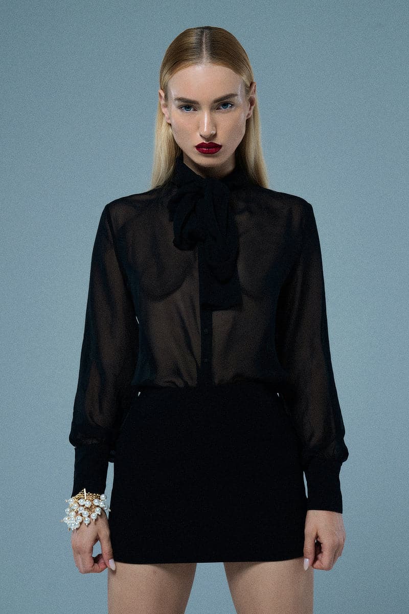 Mirel Prentice tie-neck chiffon shirt featuring long sleeves and a flowy, lightweight fabric for elegant style.