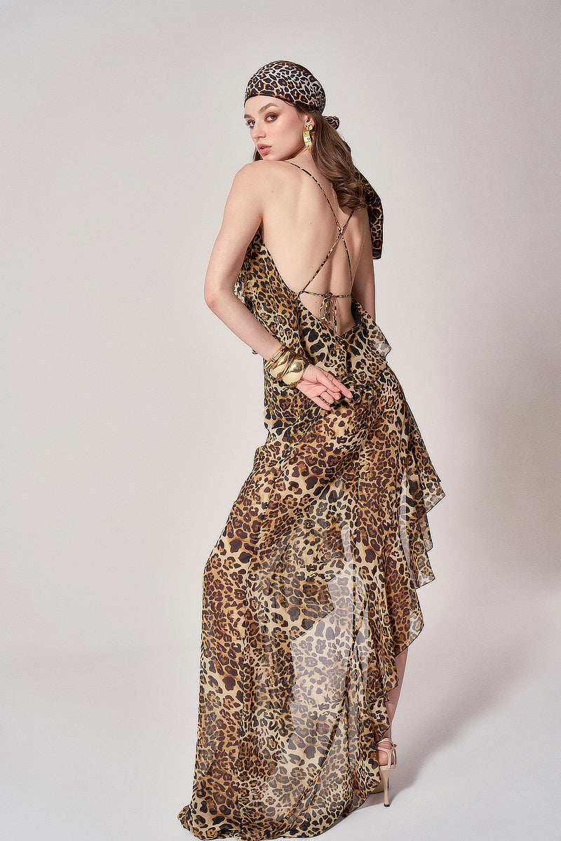 LEOPARD CHIFFON RUFFLED GOWN - CULT MIA