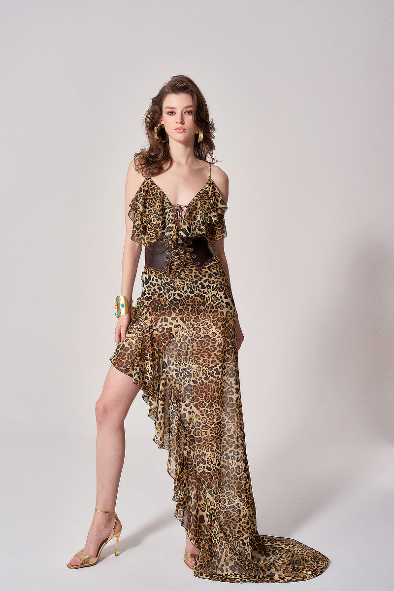 LEOPARD CHIFFON RUFFLED GOWN - CULT MIA