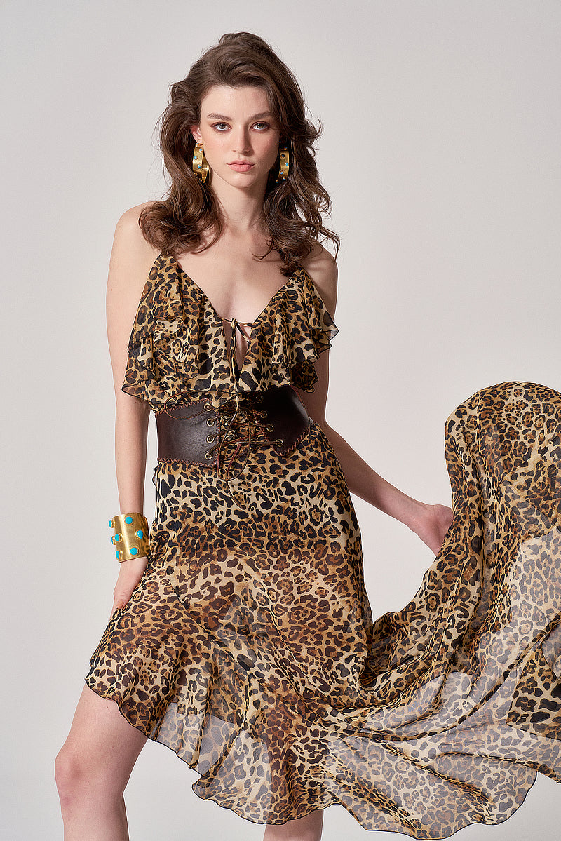 LEOPARD CHIFFON RUFFLED GOWN - CULT MIA