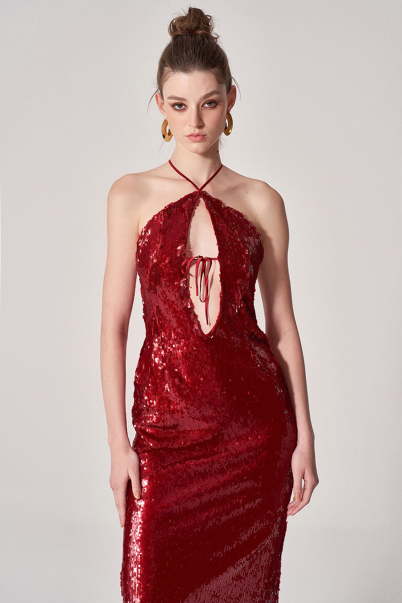 RED SEQUIN CUT-OUT MIDI DRESS | CULT MIA