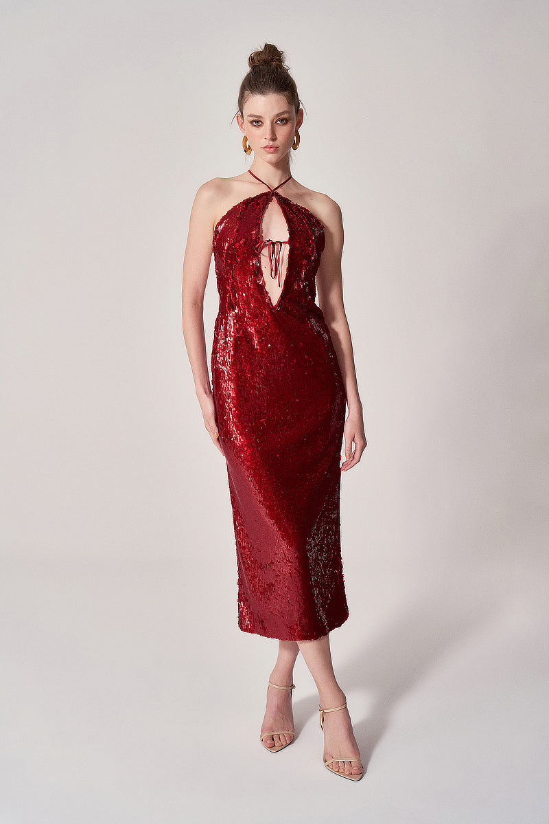 RED SEQUIN CUT-OUT MIDI DRESS | CULT MIA
