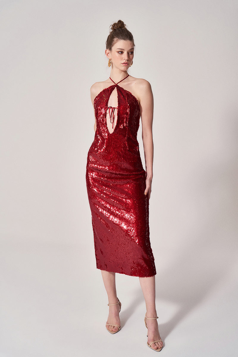 RED SEQUIN CUT-OUT MIDI DRESS - CULT MIA