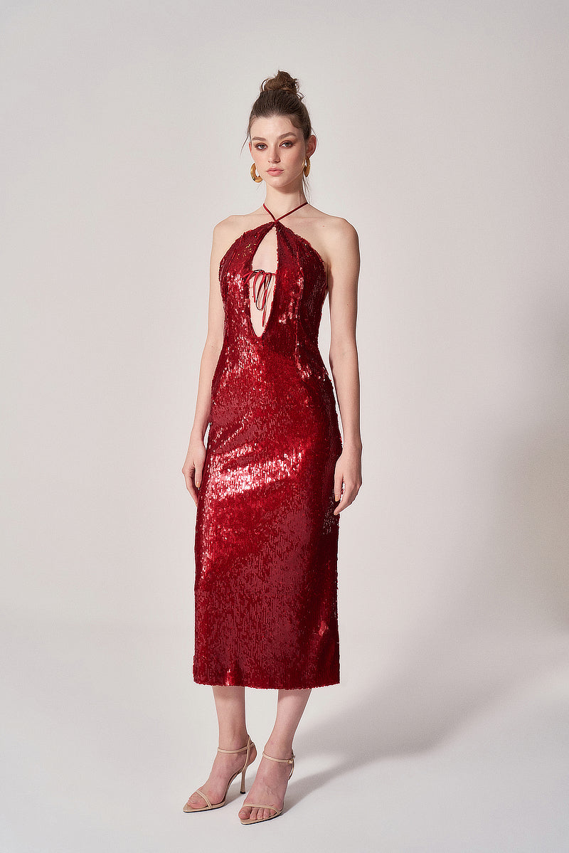 RED SEQUIN CUT-OUT MIDI DRESS | CULT MIA