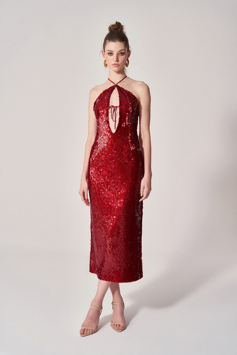 RED SEQUIN CUT-OUT MIDI DRESS | CULT MIA