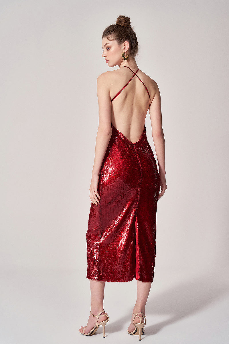 RED SEQUIN CUT-OUT MIDI DRESS | CULT MIA