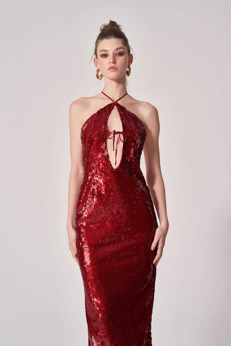 RED SEQUIN CUT-OUT MIDI DRESS | CULT MIA
