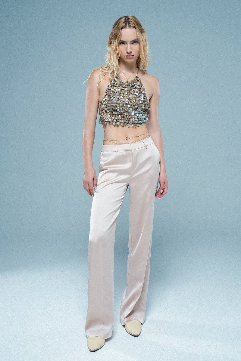Mirel Prentice satin boyfriend pants in a relaxed fit with a smooth, shiny fabric and high waist design.