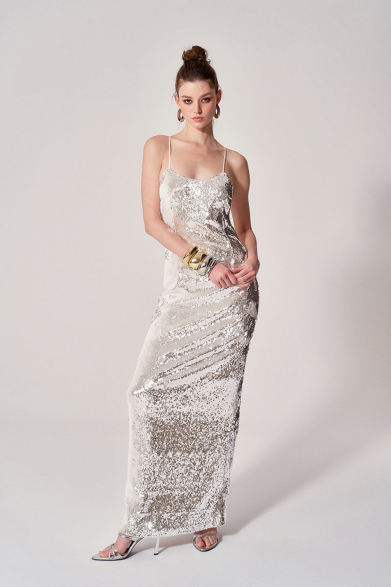 SILVER SPARKLING OPEN BACK GOWN - CULT MIA