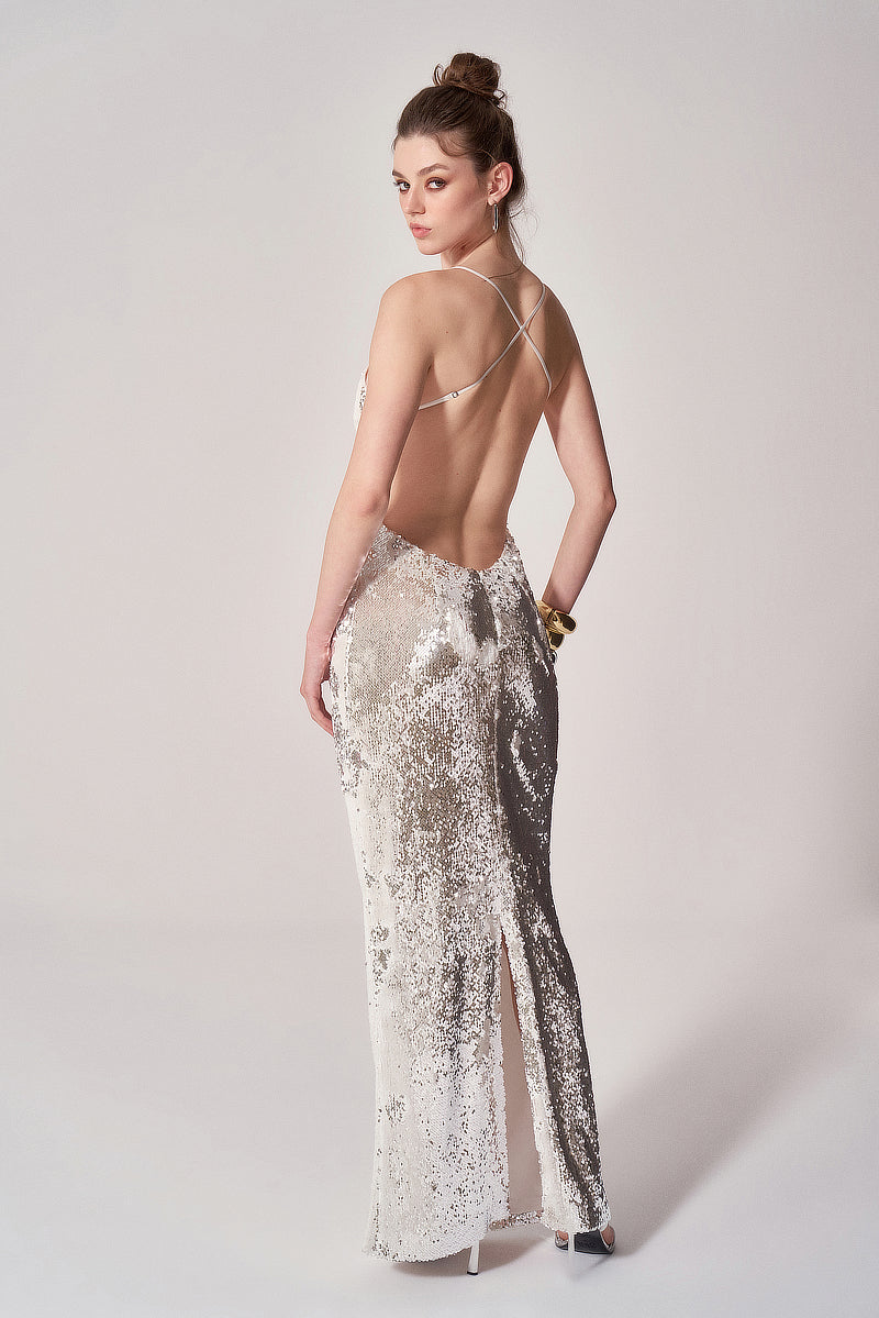 SILVER SPARKLING OPEN BACK GOWN - CULT MIA