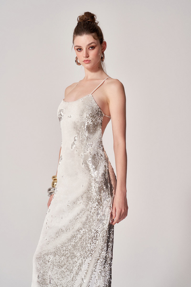 SILVER SPARKLING OPEN BACK GOWN - CULT MIA