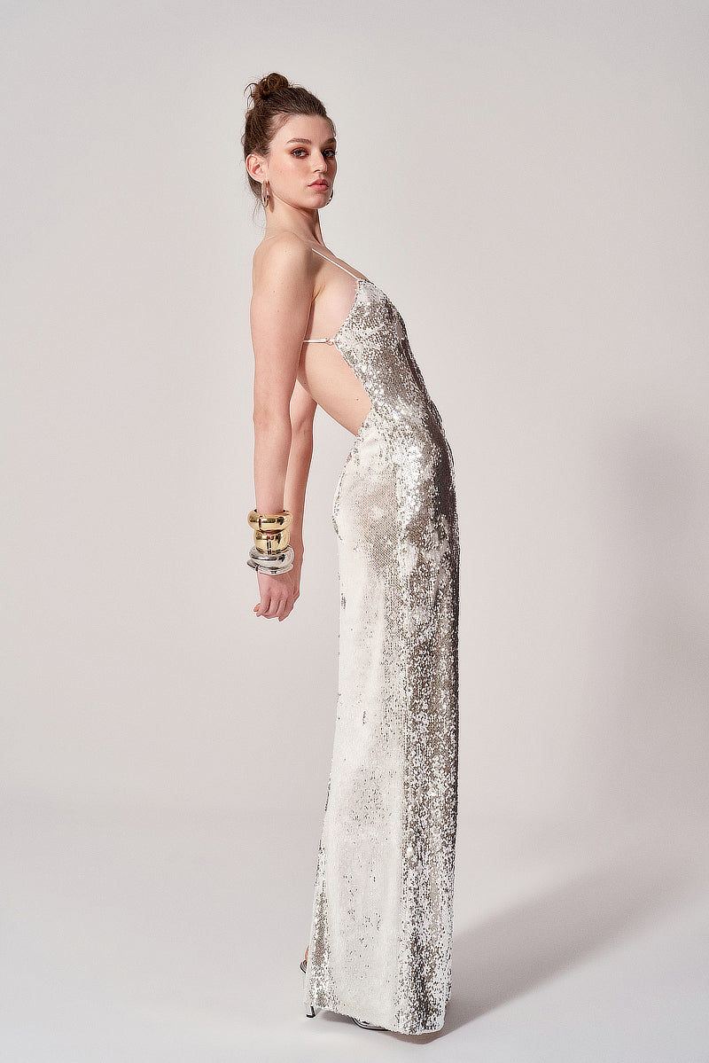 Mirel Prentice SILVER SPARKLING OPEN BACK GOWN Mirel Prentice SILVER SPARKLING OPEN BACK GOWN