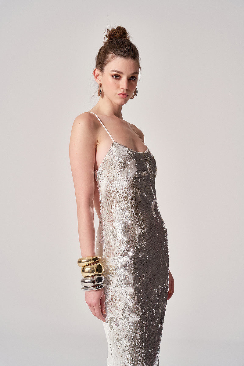 silver cocktail dress Mirel Prentice SILVER SPARKLING OPEN BACK GOWN