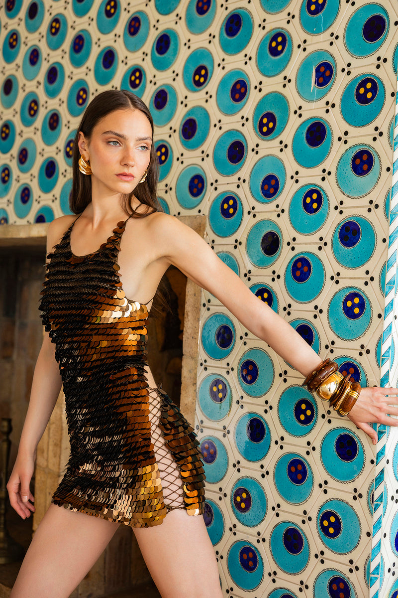 HAND-CROCHET SEQUIN EMBELLISHED MINI DRESS IN BRONZE | CULT MIA | Mirel Prentice HAND-CROCHET SEQUIN EMBELLISHED MINI DRESS IN BRONZE | CULT MIA | Mirel Prentice