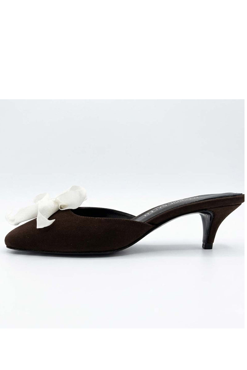 YASSMIN SALEH mist heels in brown, stylish women’s high heels with a sleek design, shown outdoors against a ghostly background.