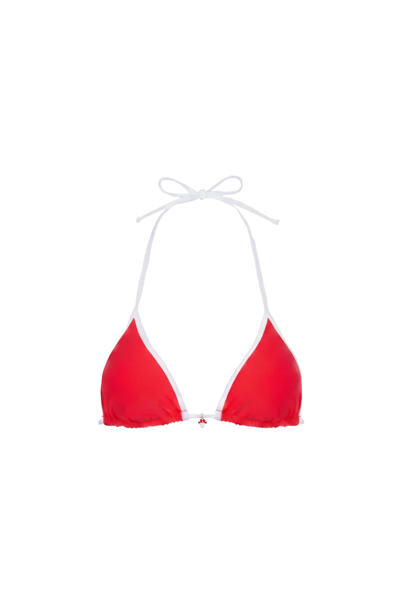 Verdelimon MOA bikini top in cherry color, featuring a stylish front view with adjustable straps and floral pattern.