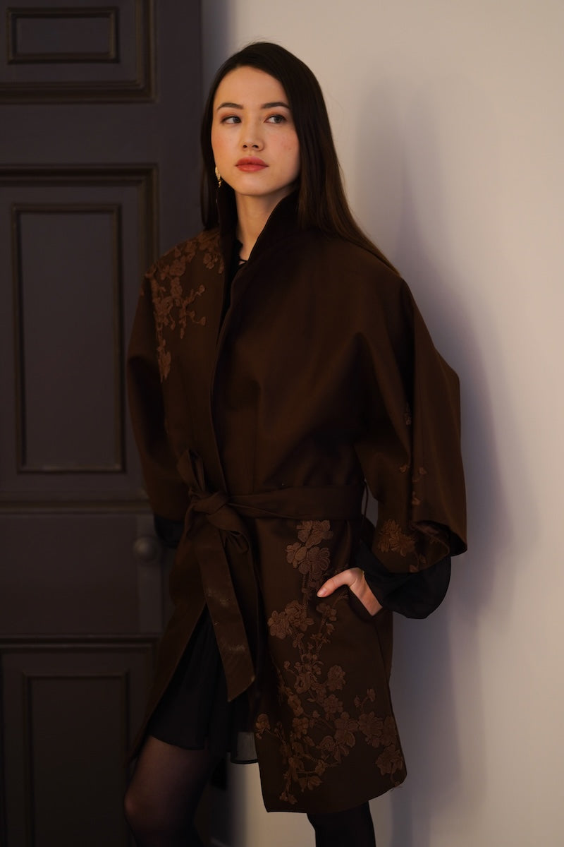 Nadya Shah mocha rose detail coat displayed from the front, showcasing the stylish design and elegant fabric.