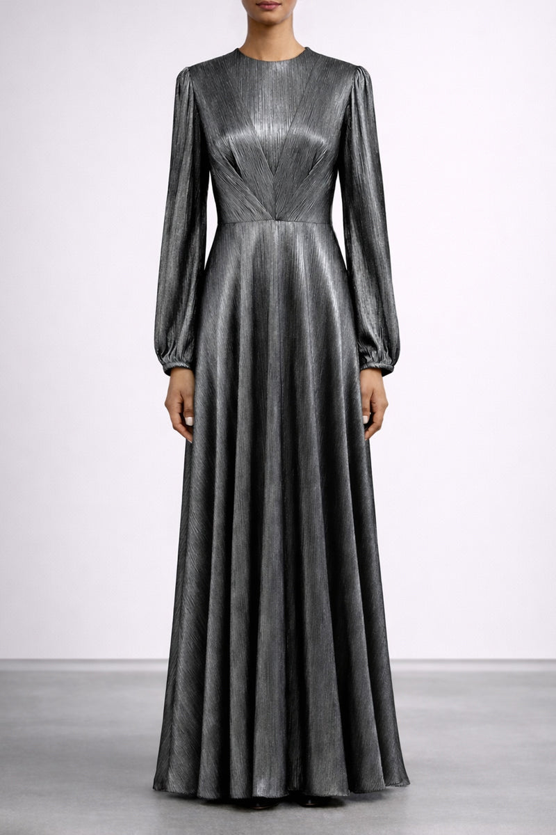 silver pleated maxi dress Elegant Round Neck Metallic Silver Pleated Maxi Dress Likemychoice