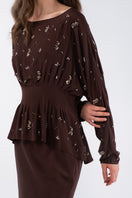 Model wearing MASTANI ABIR embellished co-ord top and Kaia silk pant set in ganache, featuring intricate embellishments and luxurious fabric.