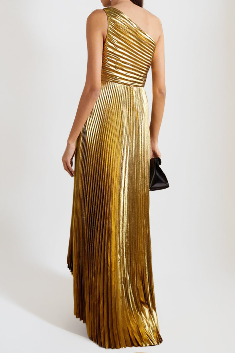 GOLD PLISSÉ ONE SHOULDER DRESS IN GOLD - CULT MIA