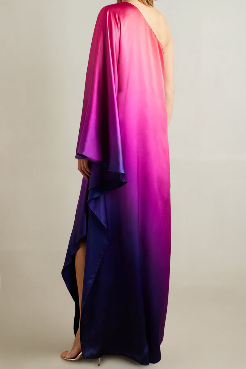 ONE-SHOULDER OMBRÉ SILK-CHARMEUSE KAFTAN IN OMBRE - CULT MIA