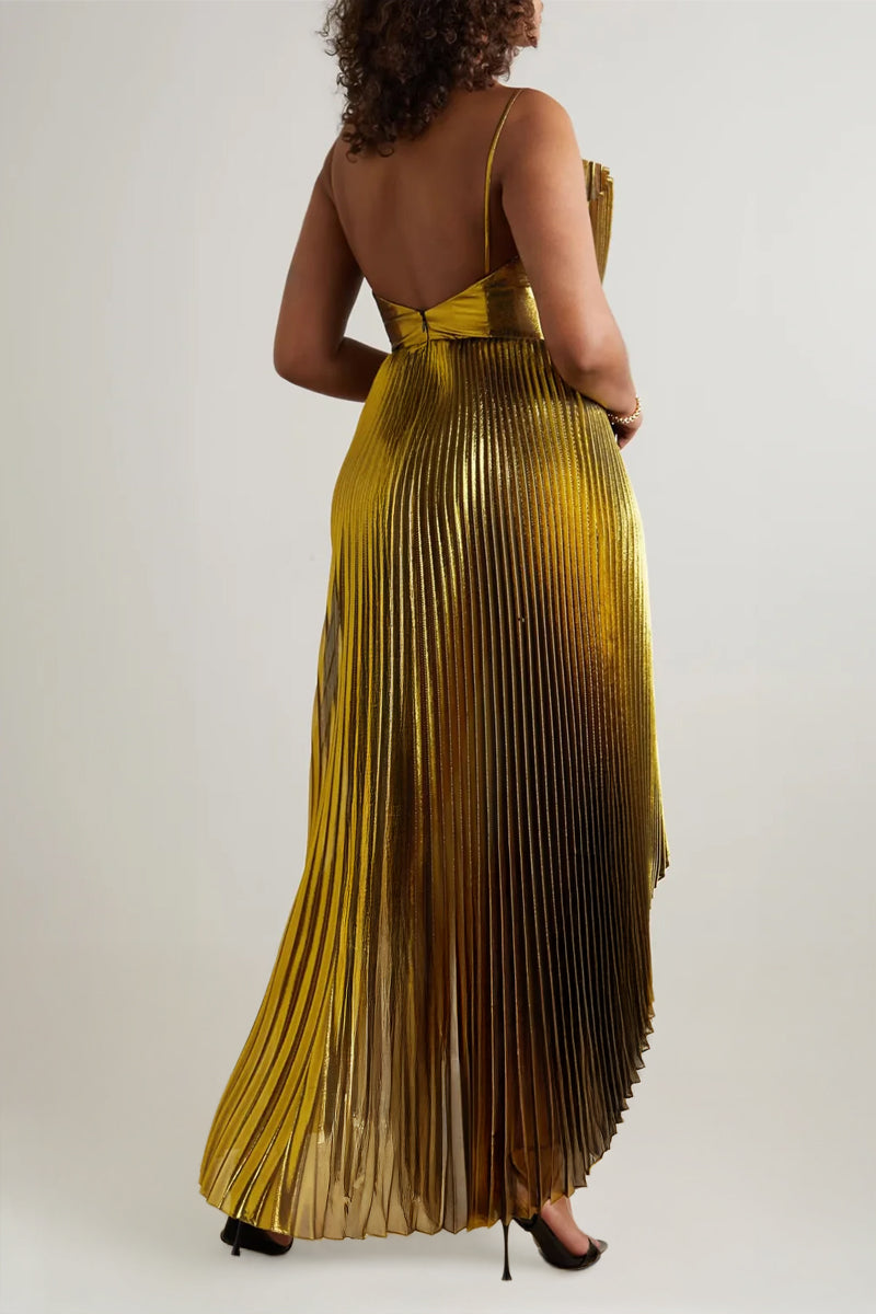 DRAPED SILK-BLEND PLISSÉ-LAMÉ GOWN IN GOLD - CULT MIA