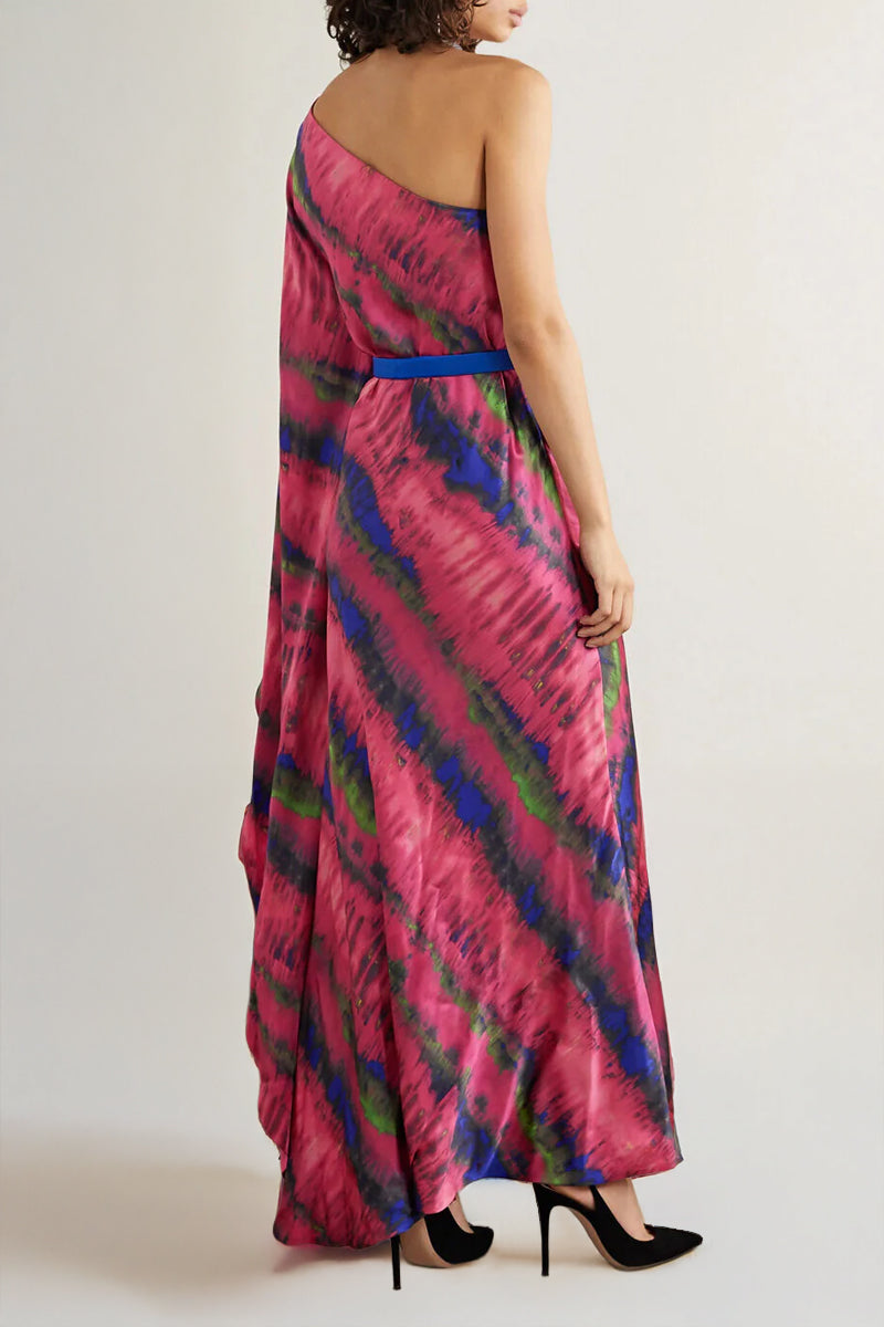 ONE SHOULDER DRAPED TIE-DYED SILK-SATIN MAXI DRESS IN PINK - CULT MIA